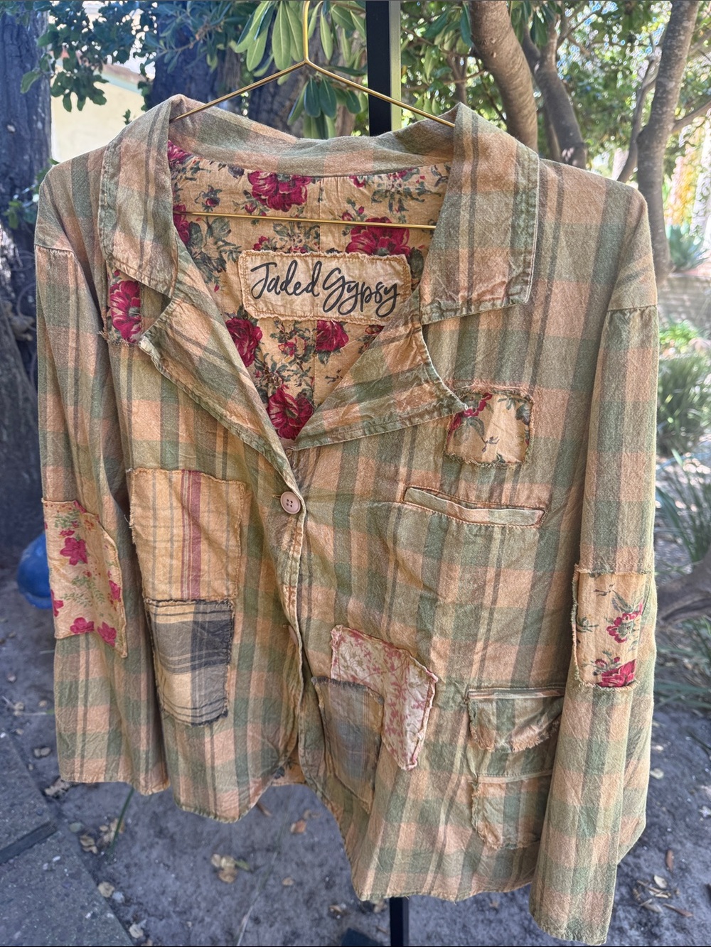Jaded Gypsy Green and Cream Patchwork Plaid Blazer
